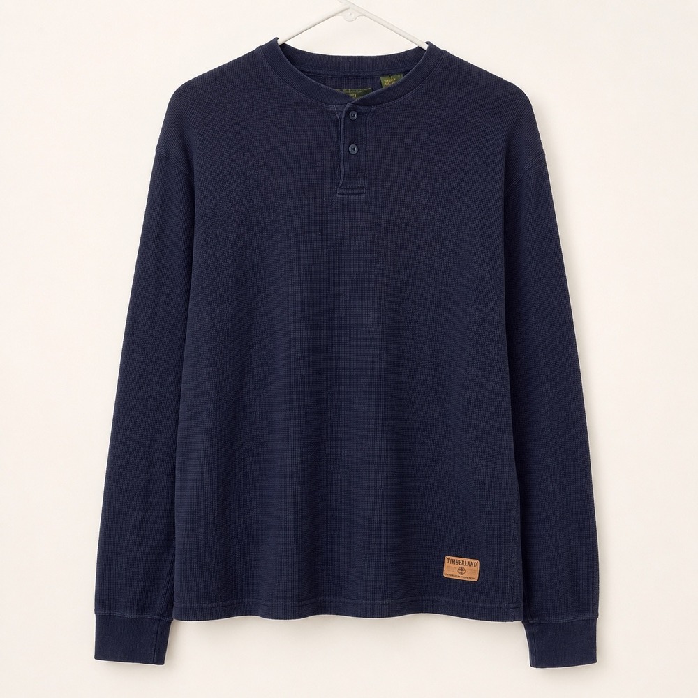 Timberland Waffle Knit Henley Mens Large Navy Blue Rugged Outdoor Thermal Cotton